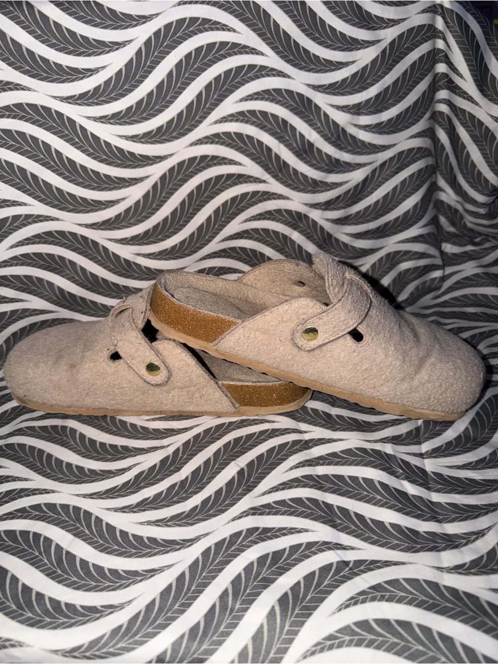Beige Felt Slip-On Mules with Adjustable Strap